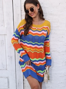Women's Rainbow Wavy Striped Crochet Mini Sweater Dress Vintage Open Knit Long Sleeve Round Neck Bohemian Vacation Dress