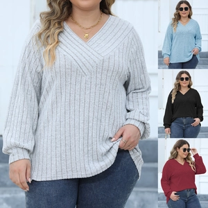 Detailed collage of long-sleeved V-neck ribbed tops in grey, blue, black and burgundy