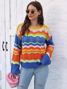 Women Casual Rainbow Wave Striped Pullover Sweater Hollow Crochet Color Block Long Sleeve Knitwear Round Neck Loose Top