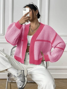 Women oversized pink colorblock knit cardigan sweater with loose casual fit