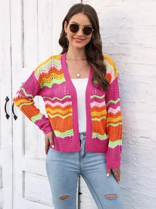 Women's colorful rainbow striped knit cardigan with cutout crochet details and open front