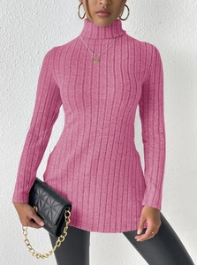 Pink turtleneck ribbed knit sweater for women with side slits and slim fit design
