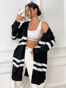 Women Loose Striped Knit Cardigan Long Sleeve V-Neck Casual Color Block Open Front Acrylic Sweater Coat Outwear
