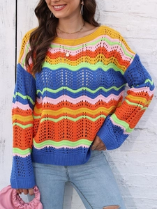 Women rainbow wave striped knit sweater with colorful crochet texture and loose fit style