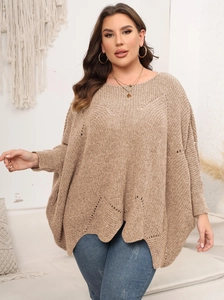 Damen Oversize Strickpullover in Hellbraun mit Fledermausärmeln und lockerem Rundhals-Schnitt