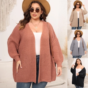 Collage of women's chunky knit cardigans in burgundy, khaki, grey, and black