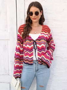 Rainbow stripe knit cardigan with wavy patterns and front tie closure for women
