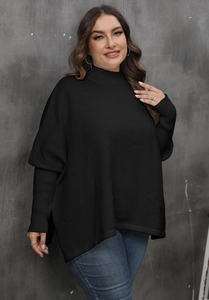 Detail of black turtleneck knit sweater featuring ribbed cuffs and side slit design