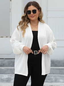 Women's plus size white pleated cardigan with lantern sleeves and a loose casual fit