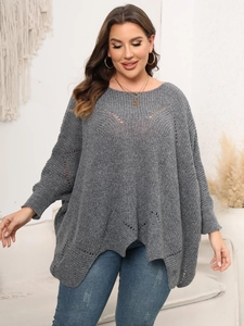 Damen Oversize-Strickpullover in Grau mit Fledermausärmeln und Lochstrick-Muster