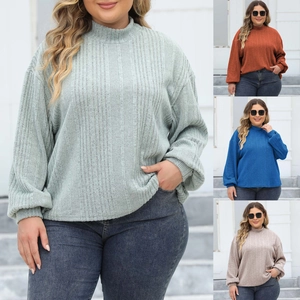 Detailed collage of mock neck rib-knit plus size tops in green, orange, blue and grey