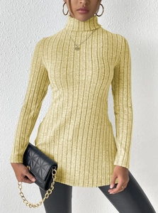 Detailed view of ginger yellow turtleneck sweater with vertical ribbed knit texture