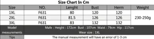 Size chart with measurements in cm for women's plus size striped long vest from 1XL to 3XL