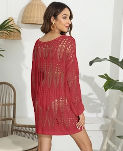 Detail of dark red hollow crochet knit beach cover-up with diamond pattern texture