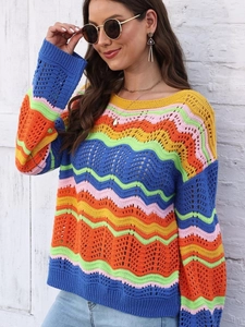 Colorful wave stripe knit sweater with pointelle details and loose fit for women