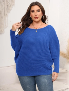 Oversized royal blue off-shoulder sweater with batwing sleeves and ribbed texture