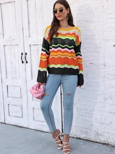 Women's colorful rainbow striped crochet knit sweater with a stylish boat neckline