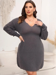 Detail of hollow-out pattern on sleeves of deep V-neck dark grey knitted plus size dress