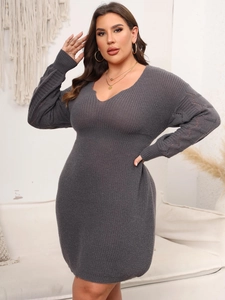 Detail of V-neck knitted dress with elegant pointelle pattern on sleeves in dark grey
