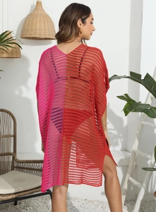 Sexy V-neck crochet beach cover-up with red and pink color blocking and side slits