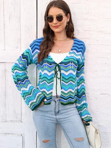 Women's crochet rainbow stripe cardigan with wavy pattern and tie-front closure