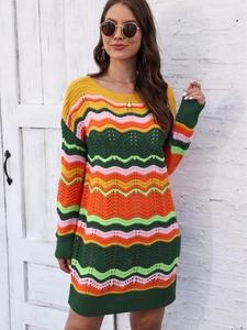 Bohemian rainbow striped open-knit mini dress with long sleeves and crew neck for women