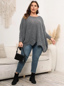 Damen Oversize Strickponcho in Grau mit Lochmuster und weiten Fledermausärmeln