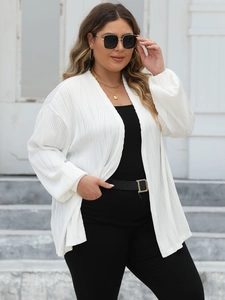 Women's plus size white pleated cardigan with lantern sleeves and vertical wave stripes