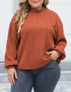 Close-up of rust red ribbed knit mock neck long sleeve top showing fabric texture