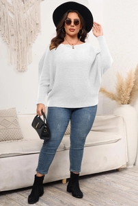 Close-up of white oversized knit sweater featuring a horizontal ribbed texture design