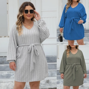 Detail of ribbed knit V-neck plus size dress showing grey, blue, and green color options