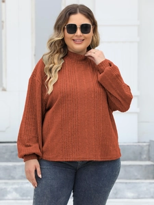 Close-up of rust red mock neck top showing ribbed knit texture and soft fabric details