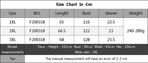 Size chart table for women's plus size knit top with length, bust, and sleeve measurements