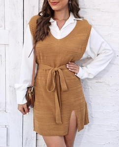 Detail view of khaki knit vest dress with V-neck, waist tie and side slits for women