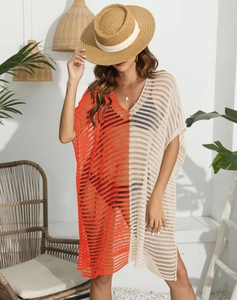 Women's V-neck hollow knit beach cover-up in orange and cream color block style