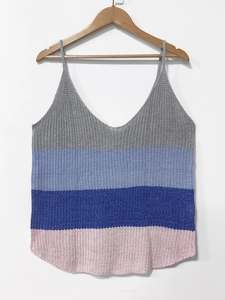 Women's V-neck knit camisole with colorful horizontal striped color-block design