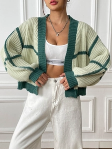 Relaxed women's striped knit cardigan in green and beige with a stylish V-neck design