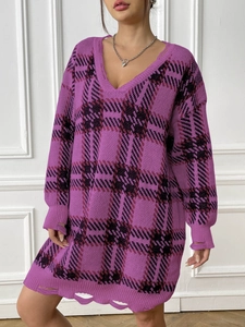 Women's V-neck oversized knit sweater dress with purple plaid pattern and distressed hem