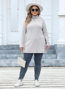 Detail showing vertical ribbed texture of light grey high neck knit top for women