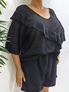 Women's black V-neck knit top with ruffle details and matching shorts loose casual set