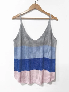 Women's slim V-neck knitted camisole with colorful horizontal rainbow stripes and thin straps
