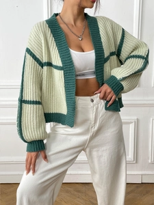 Women's green striped knit cardigan sweater in relaxed casual fit with color blocking
