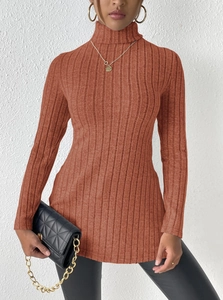 Detailed view of the caramel ribbed knit texture and high collar on this slim pullover