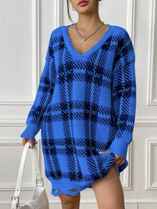 Women V-neck plaid knit sweater dress with distressed hem in blue and black colors