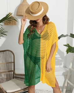 Detail showing green and yellow color-block hollow crochet knit for beach cover-up