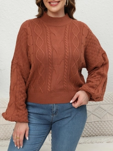 Detail of chunky cable knit texture on brick red turtleneck sweater with lantern sleeves