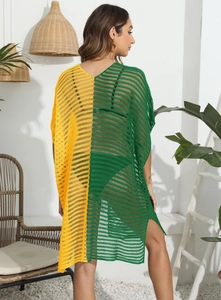 Close-up of crochet knit texture and side slit on yellow-green beach cover-up