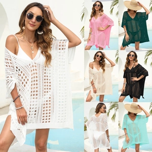 Collage of loose crochet beach cover-ups with deep V-neck and batwing sleeves in six colors