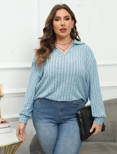 Women's light blue long sleeve polo knit top with vertical ribbed texture and V-neckline