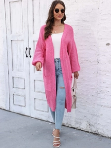 Cardigan Lungo in Maglia da Donna Oversized Manica a Lanterna Maglione Aperto Davanti Con Tasche Cappotto Casual in Maglia